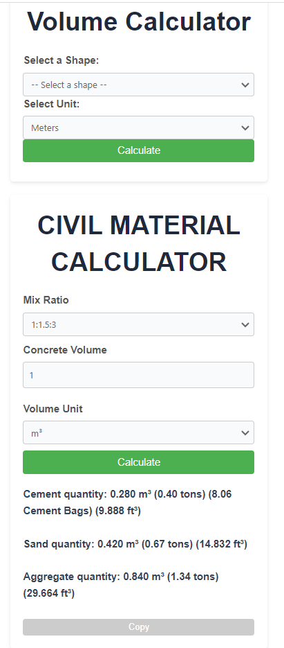 The quantities of concrete material for 1 cubic meter of m20 concrete ratio in cubic meter, cubic feet and ton. 
