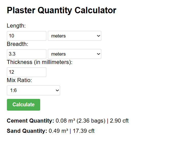 cement sand required in 33 sq meter area and 12mm thickness by plaster calculator