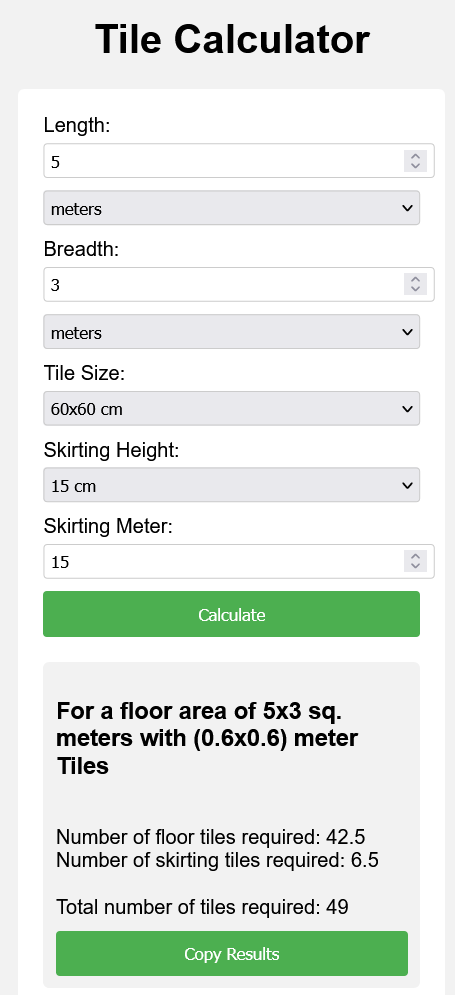 Screenshot by author using the Tile Calculator to find the number of tiles required for 5x3 sq m room with .6x.6 m tiles